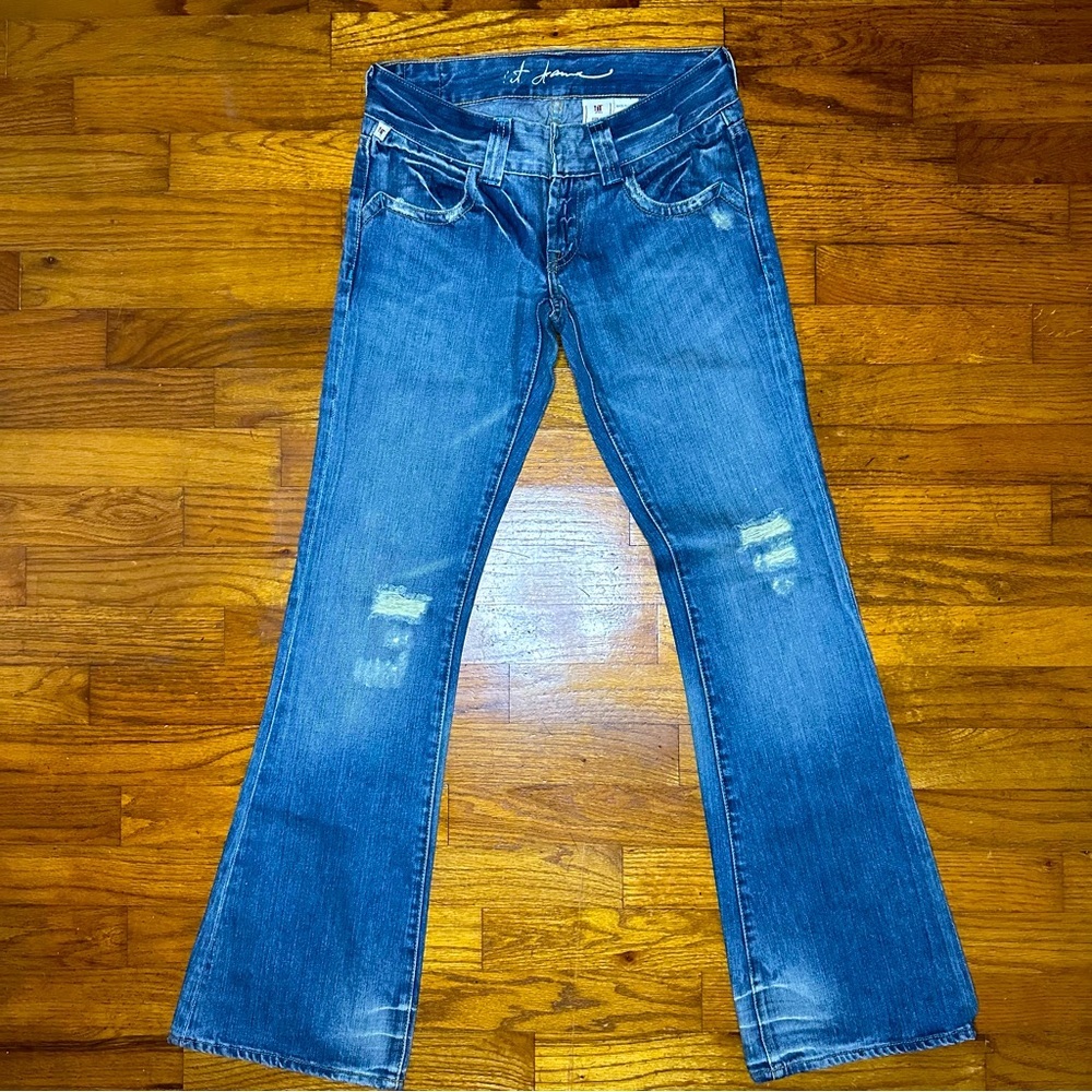 !iT Jeans Womens 24 Dark Wash Blue Stretch Denim Low Rise Flare Jeans Distressed